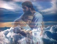 jesus and man hugging in clouds